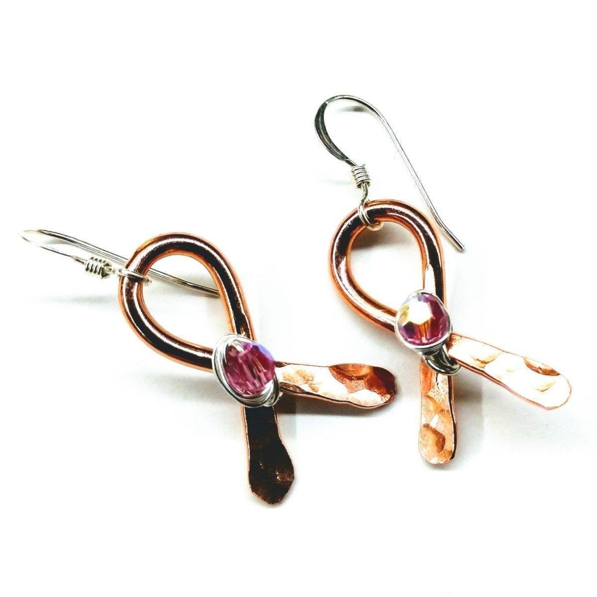Handcrafted Copper Ribbon Earrings with Swarovski Crystals for Breast Cancer Awareness - Earrings - Bijou Her -  -  - 