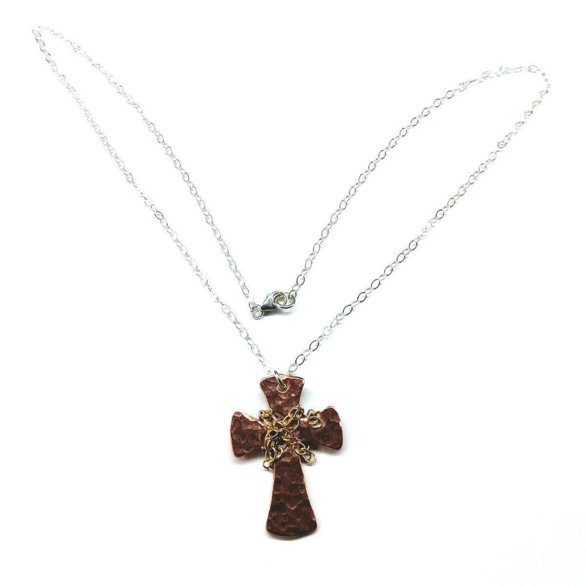 Handcrafted Hammered Copper Cross Necklace - Silver Chain - 3 Lengths Available - Necklaces - Bijou Her -  -  - 