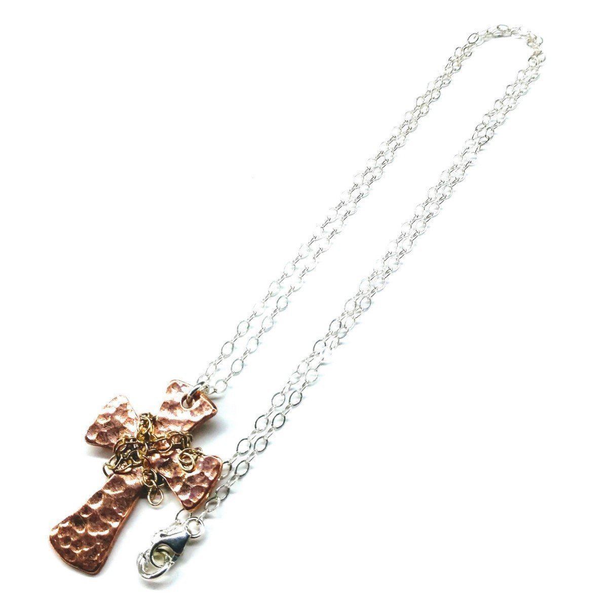 Handcrafted Hammered Copper Cross Necklace - Silver Chain - 3 Lengths Available - Necklaces - Bijou Her -  -  - 