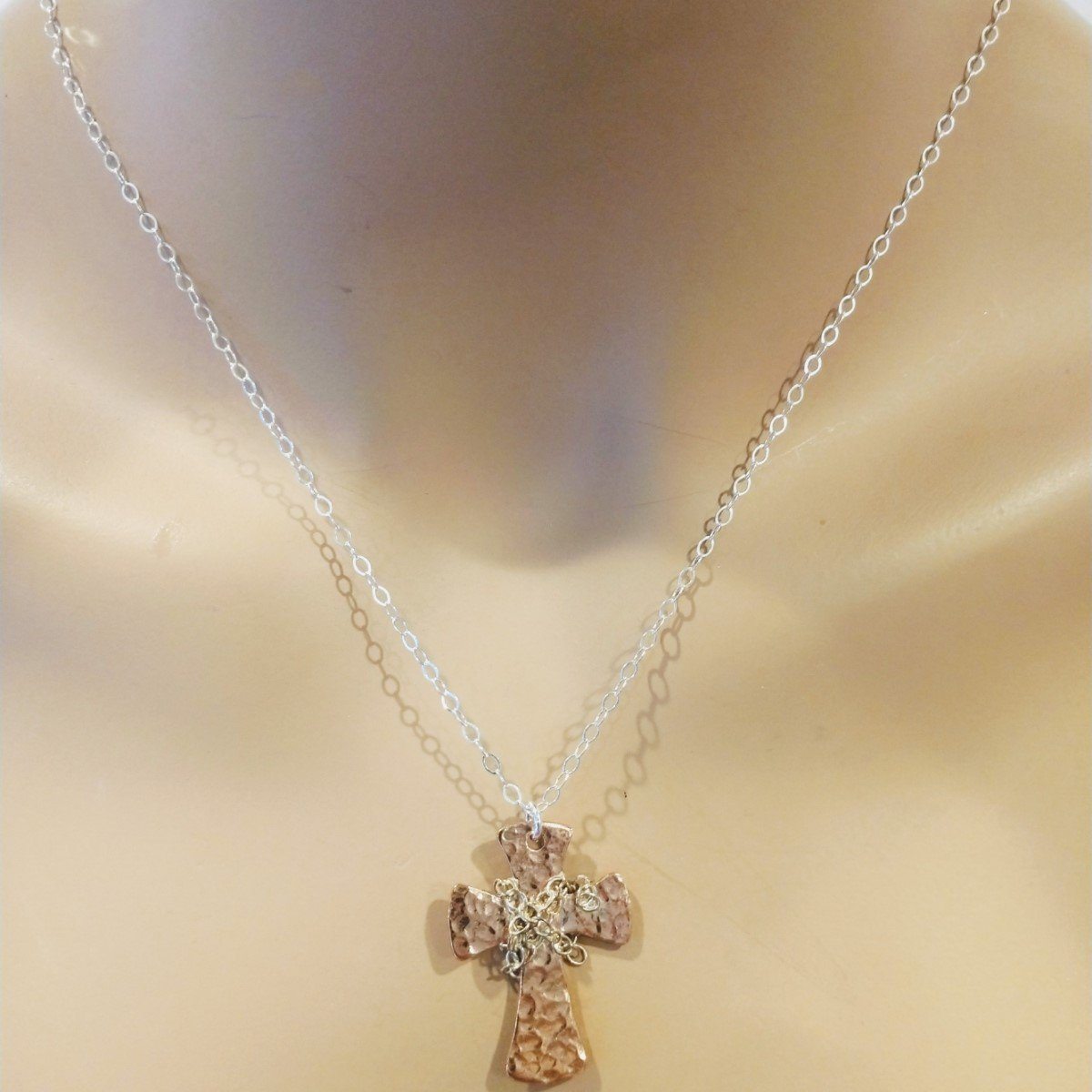 Handcrafted Hammered Copper Cross Necklace - Silver Chain - 3 Lengths Available - Necklaces - Bijou Her -  -  - 