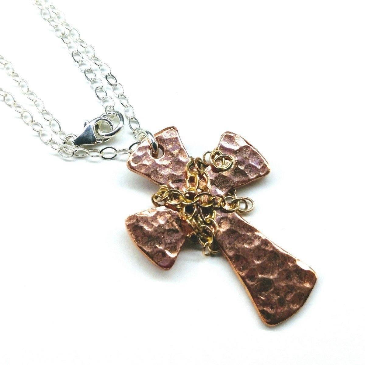 Handcrafted Hammered Copper Cross Necklace - Silver Chain - 3 Lengths Available - Necklaces - Bijou Her -  -  - 