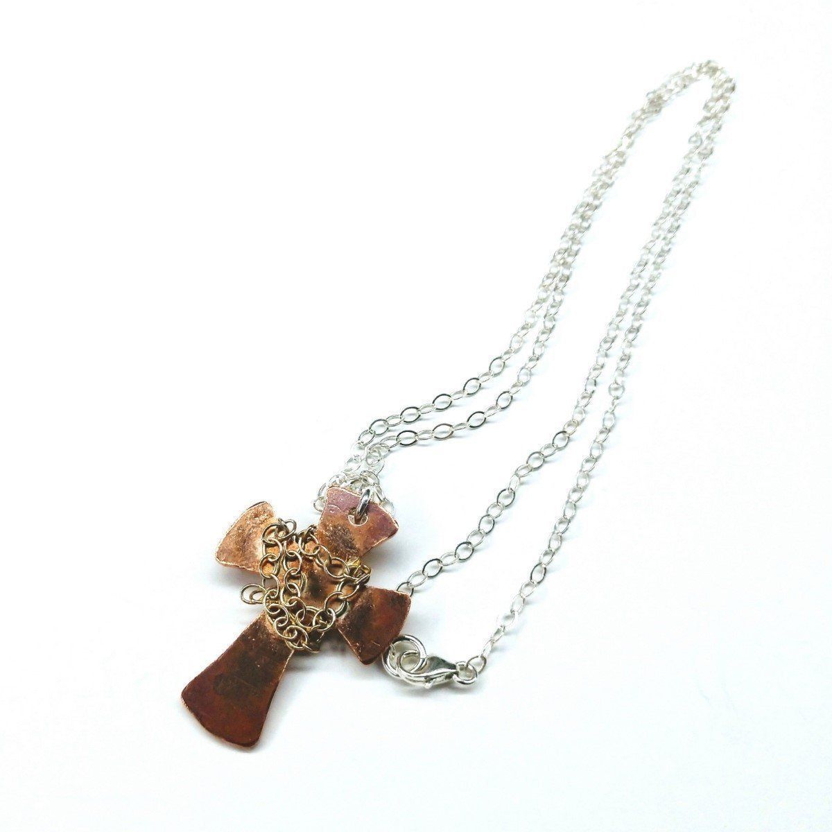 Handcrafted Hammered Copper Cross Necklace - Silver Chain - 3 Lengths Available - Necklaces - Bijou Her -  -  - 