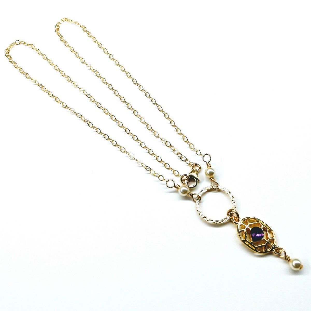 Handcrafted Gold Filled Purple Crystal Circle Necklace - Swarovski Pearls & Amethyst Shimmer Crystal - 18" Length - Necklaces - Bijou Her -  -  - 