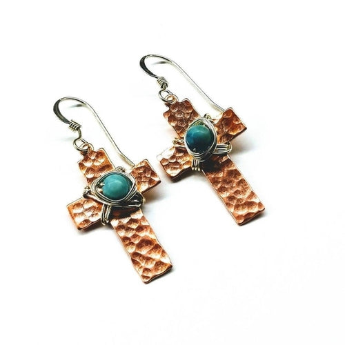Handcrafted Copper Cross Earrings with Turquoise Beads - 1.5" Length - Earrings - Bijou Her - Title -  - 
