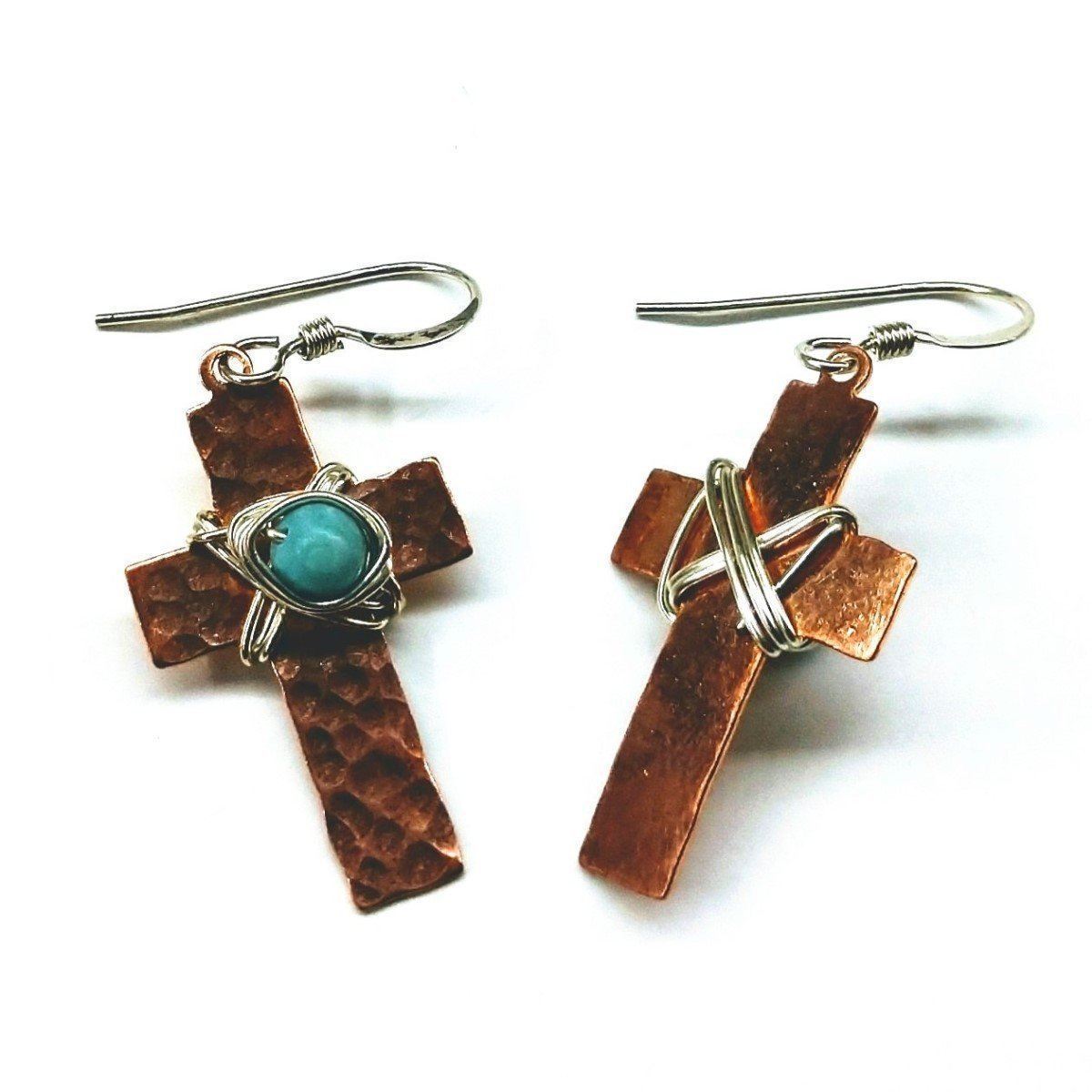 Handcrafted Copper Cross Earrings with Turquoise Beads - 1.5" Length - Earrings - Bijou Her -  -  - 