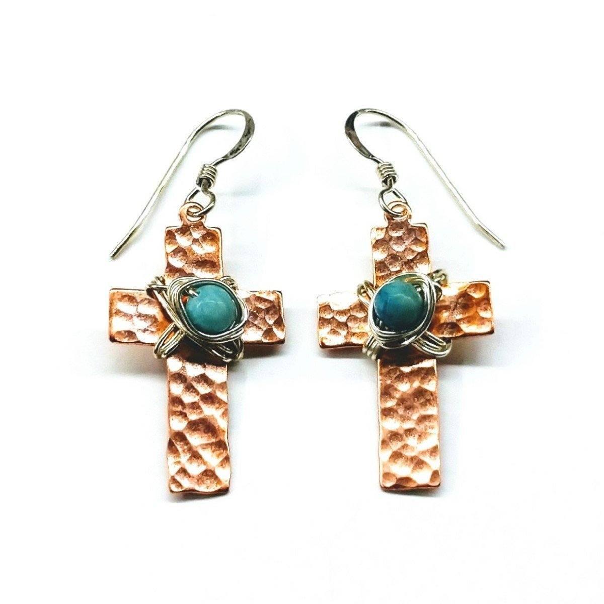 Handcrafted Copper Cross Earrings with Turquoise Beads - 1.5" Length - Earrings - Bijou Her -  -  - 