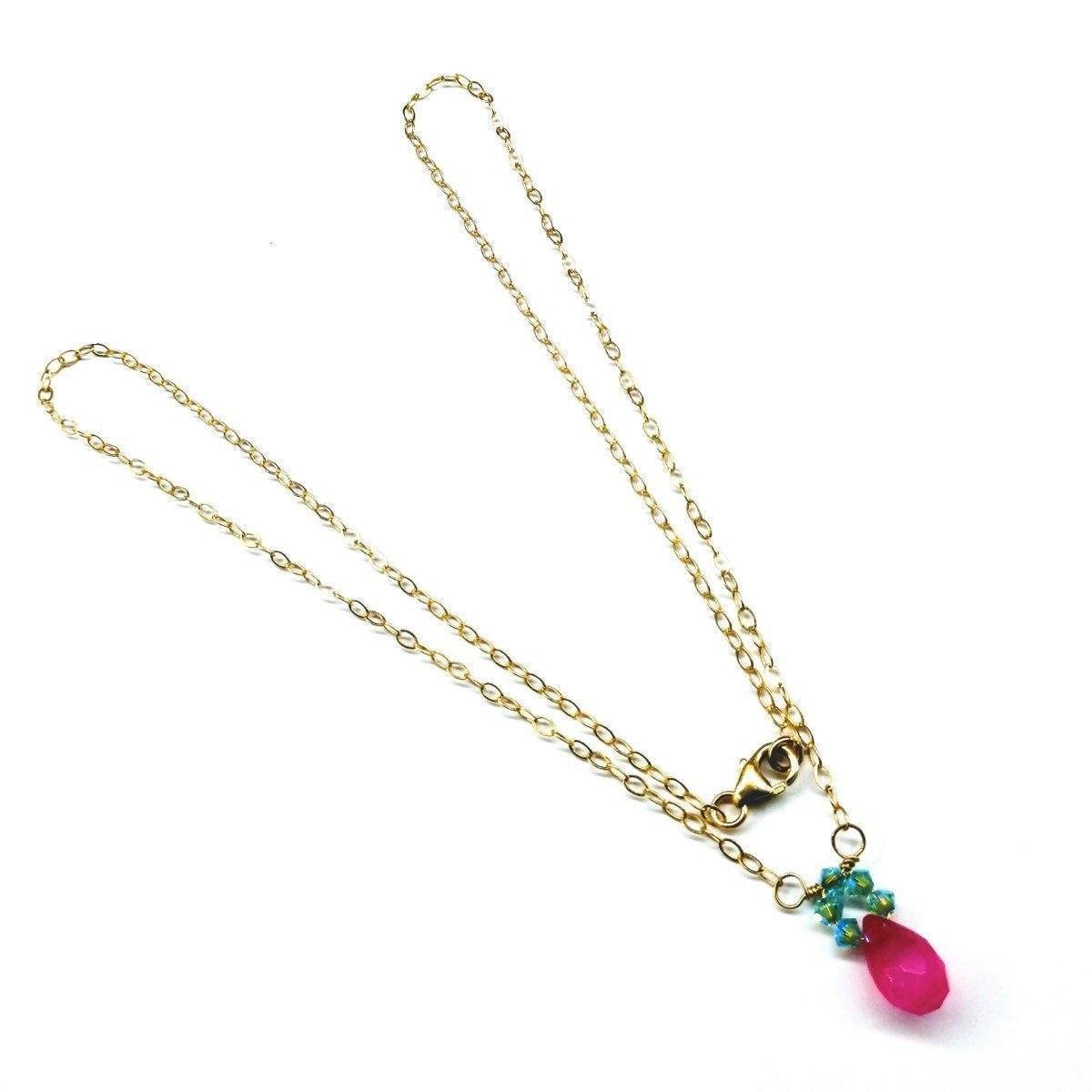 Pink Chalcedony and Turquoise Crystal Gold Necklace - Handcrafted 14K Wire Wrap with Swarovski Crystals, 18" Length - Necklaces - Bijou Her -  -  - 