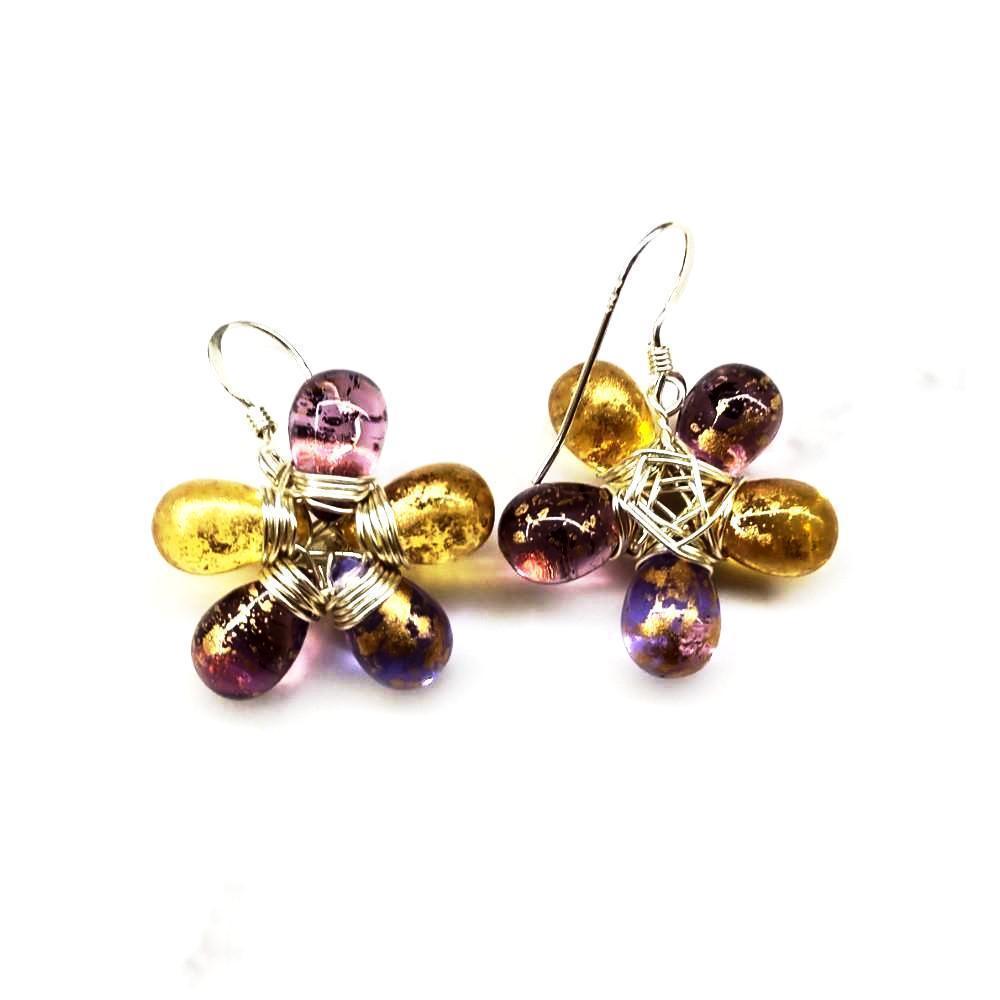 Handmade Purple and Yellow Flower Sterling Silver Earrings - Czech Glass Bead Drops - 1 1/4 inch Length - Earrings - Bijou Her -  -  - 