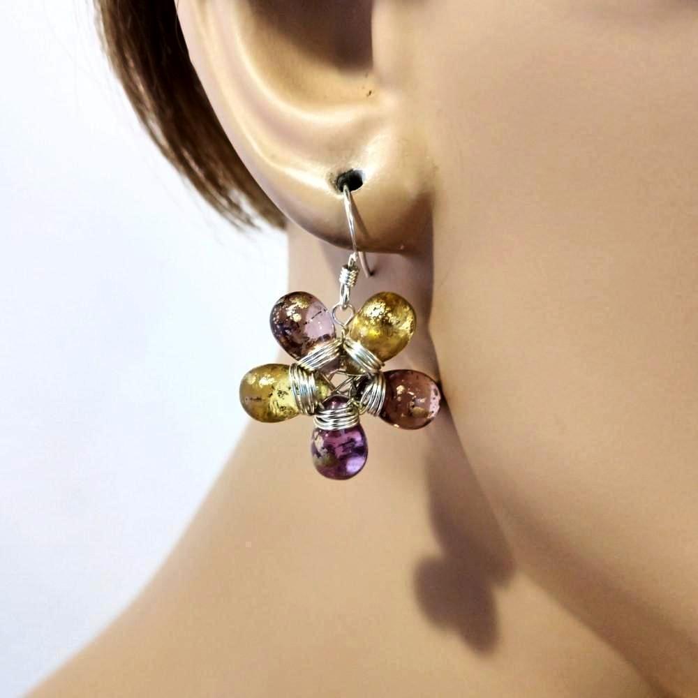 Handmade Purple and Yellow Flower Sterling Silver Earrings - Czech Glass Bead Drops - 1 1/4 inch Length - Earrings - Bijou Her -  -  - 