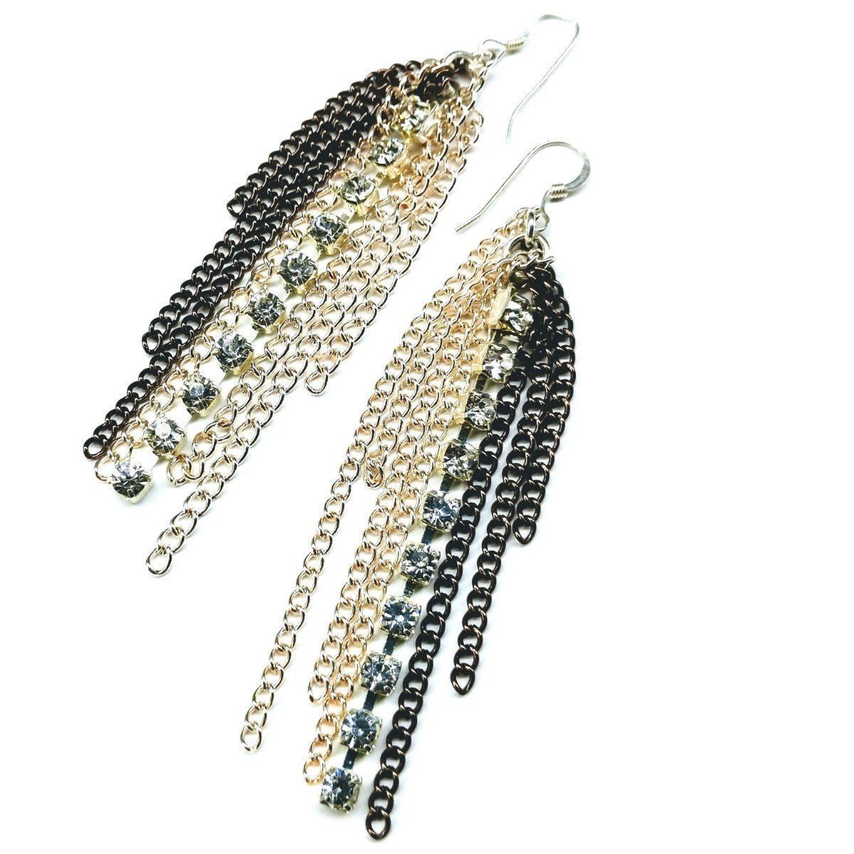 Sparkling Rhinestone Chain Fringe Earrings - Elegant Bridal Jewelry, 3.25" Long, Sterling Silver Ear Wires, Made in USA - Earrings - Bijou Her -  -  - 