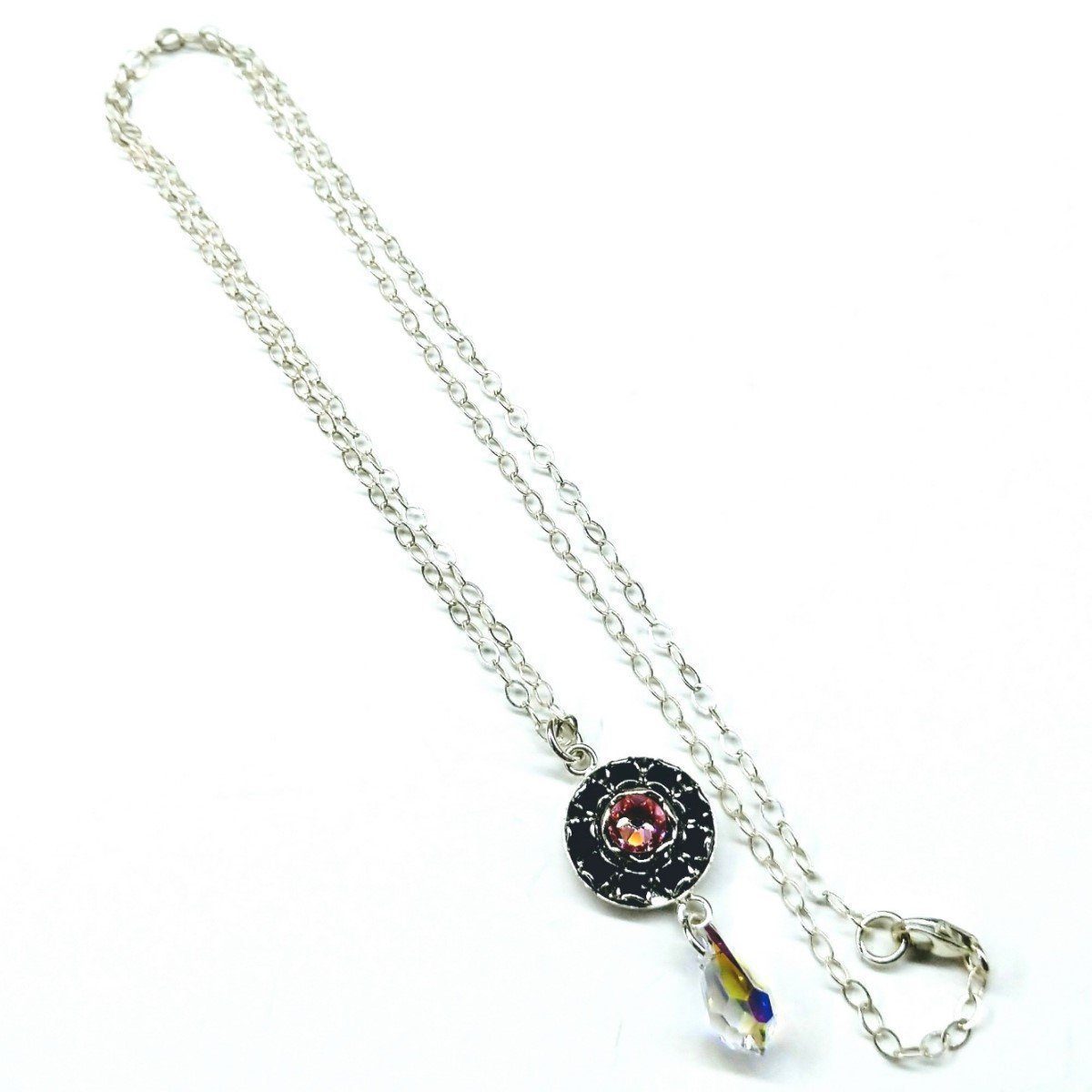 Vintage Style Sterling Silver Black and Rose Crystal Necklace with Swarovski Rhinestones - Necklaces - Bijou Her -  -  - 
