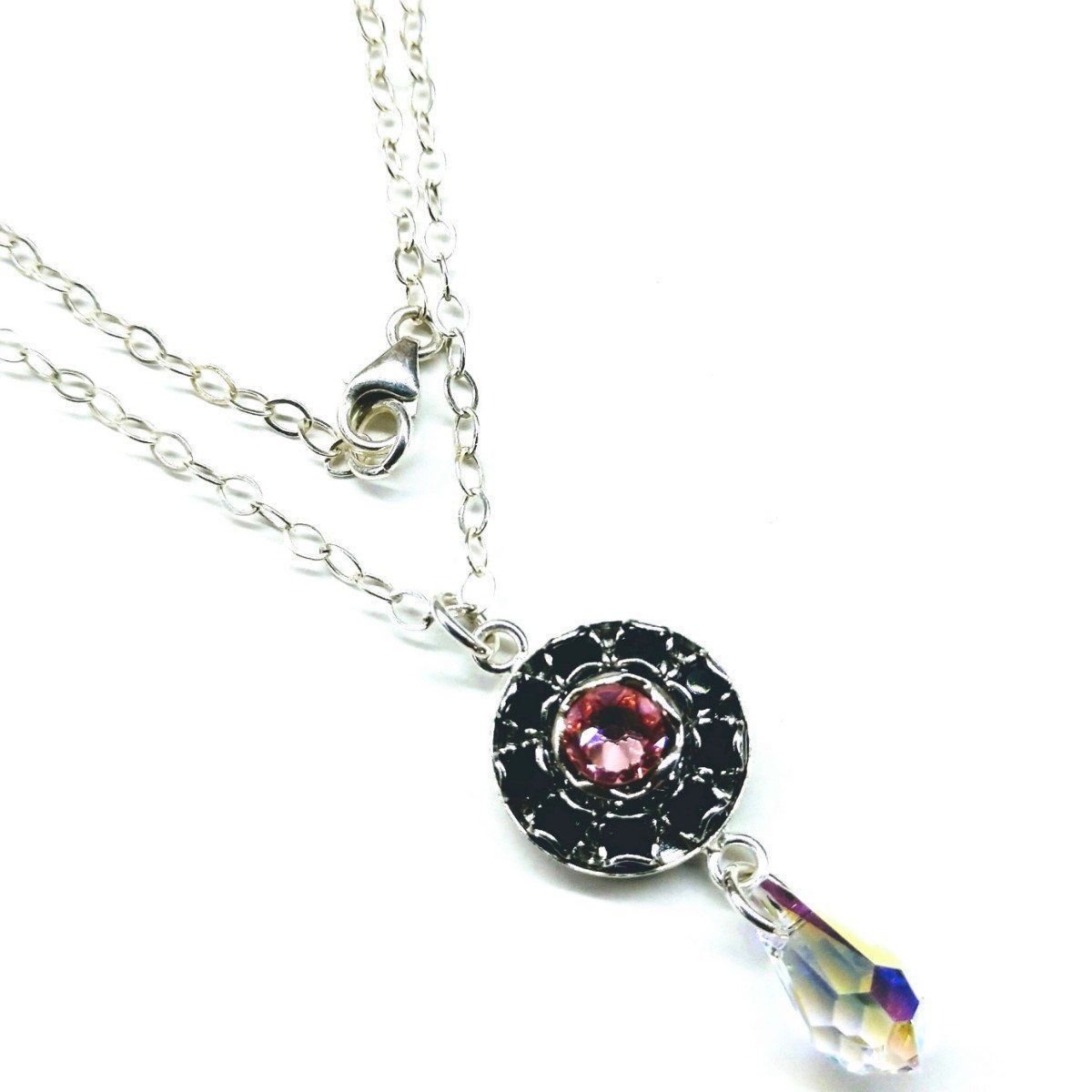 Vintage Style Sterling Silver Black and Rose Crystal Necklace with Swarovski Rhinestones - Necklaces - Bijou Her -  -  - 