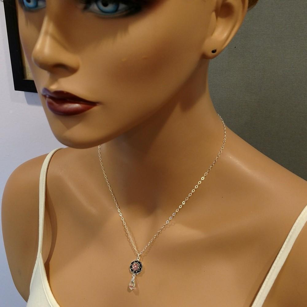 Vintage Style Sterling Silver Black and Rose Crystal Necklace with Swarovski Rhinestones - Necklaces - Bijou Her -  -  - 