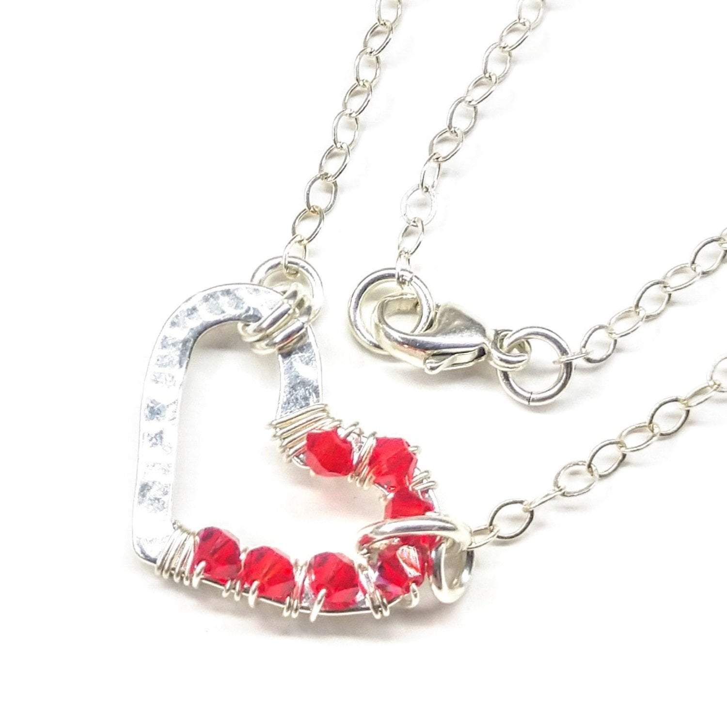 Handmade Hammered Silver Heart Necklace with Red Crystals - Sterling Silver Pendant on Cable Chain - Necklaces - Bijou Her -  -  - 