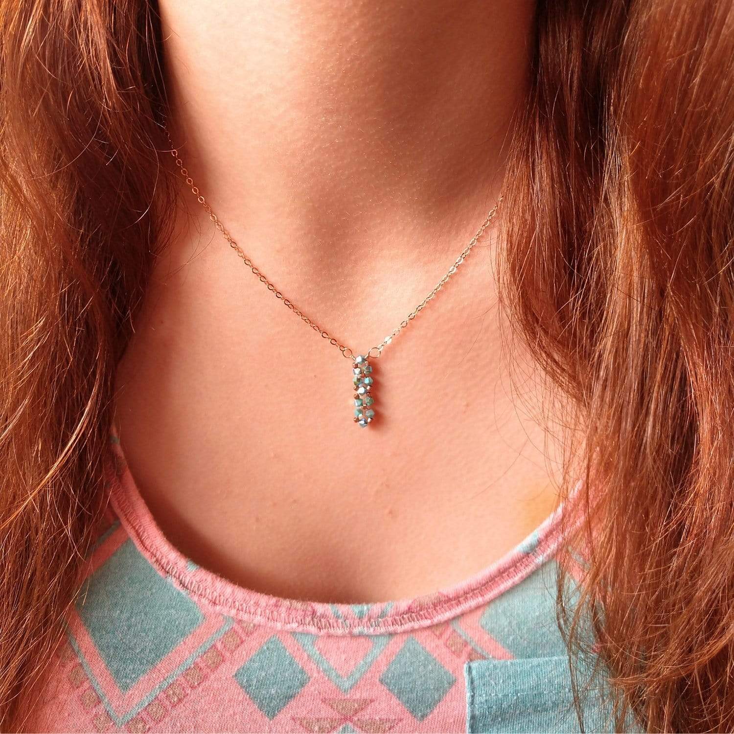 Sparkly Turquoise Crystal Bar Necklace - Handcrafted with 14kt Rose Gold-Filled Chain - Necklaces - Bijou Her -  -  - 