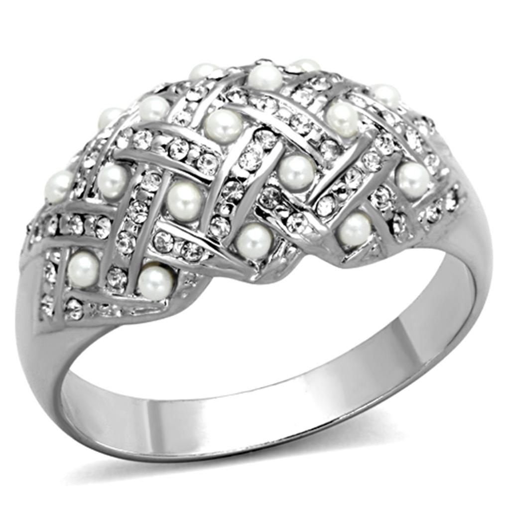 Rhodium Brass Ring with Synthetic Pearl - White Color, Limited Offer - Jewelry & Watches - Bijou Her -  -  - 