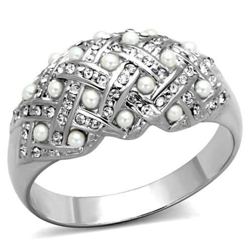 Rhodium Brass Ring with Synthetic Pearl - White Color, Limited Offer - Jewelry & Watches - Bijou Her - Size -  - 