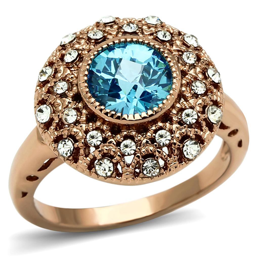 Rose Gold Brass Ring with Sea Blue AAA Grade CZ - Backordered, Ships in 4-7 Days - Jewelry & Watches - Bijou Her -  -  - 