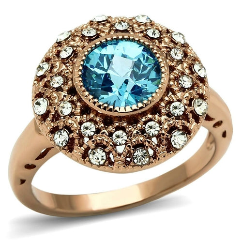 Rose Gold Brass Ring with Sea Blue AAA Grade CZ - Backordered, Ships in 4-7 Days - Jewelry & Watches - Bijou Her - Size -  - 