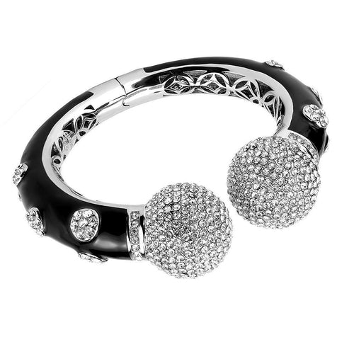 Rhodium Brass Bangle with Top Grade Crystal - Clear Center Stone, 81.74g, Women's Bracelet - Jewelry & Watches - Bijou Her - Size -  - 