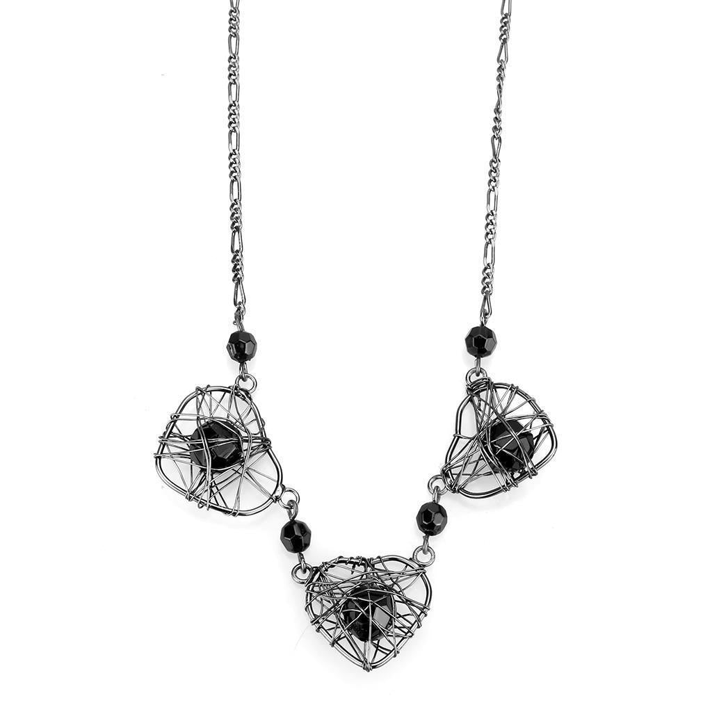 Ruthenium White Metal Necklace with Synthetic Glass Center Stone - Jet Color - Jewelry & Watches - Bijou Her -  -  - 