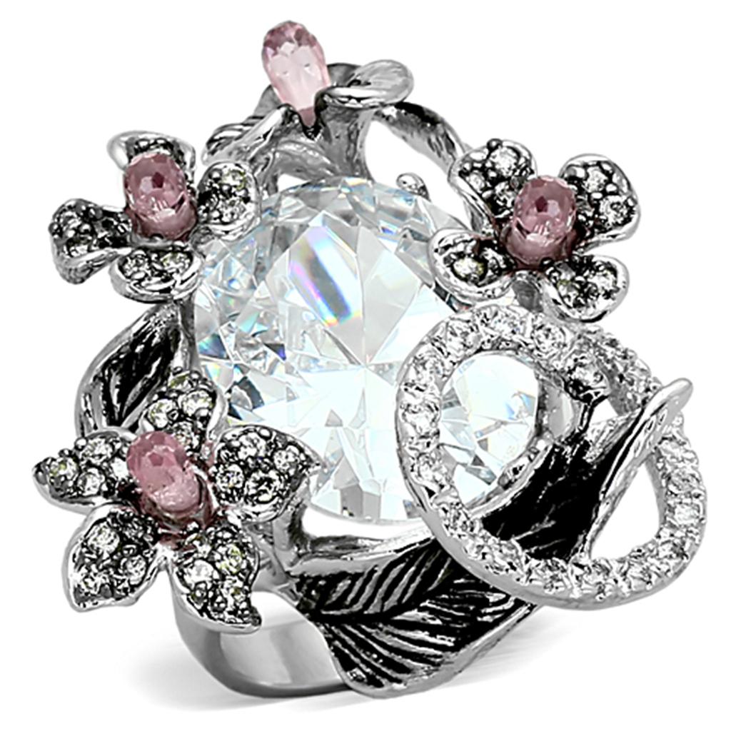 Rhodium and Ruthenium Brass Ring with AAA CZ Stones - Multi Color Cocktail Flower Jewelry for Women - Rings - Bijou Her -  -  - 