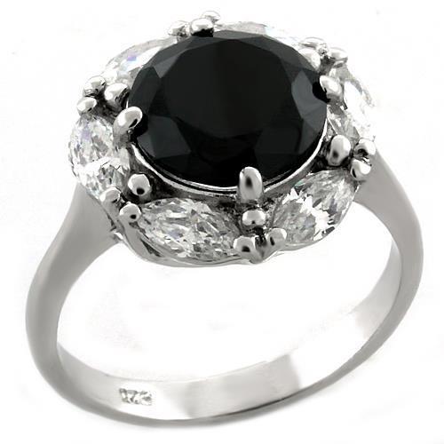 Rhodium Plated 925 Sterling Silver Ring with AAA CZ Stone - Jet Color - Rings - Bijou Her -  -  - 