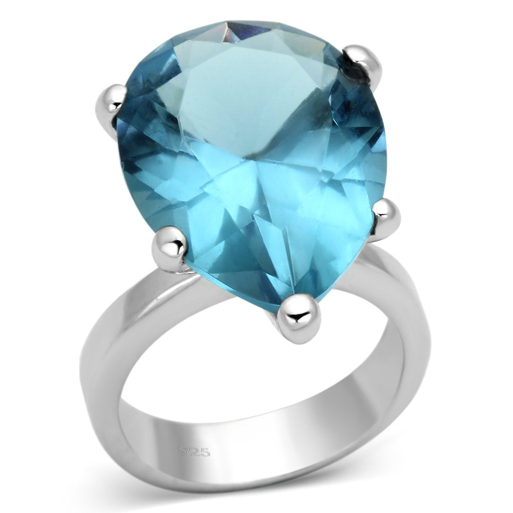 Limited Offer: Rhodium Sterling Silver Sea Blue Solitaire Ring - Jewelry & Watches - Bijou Her -  -  - 