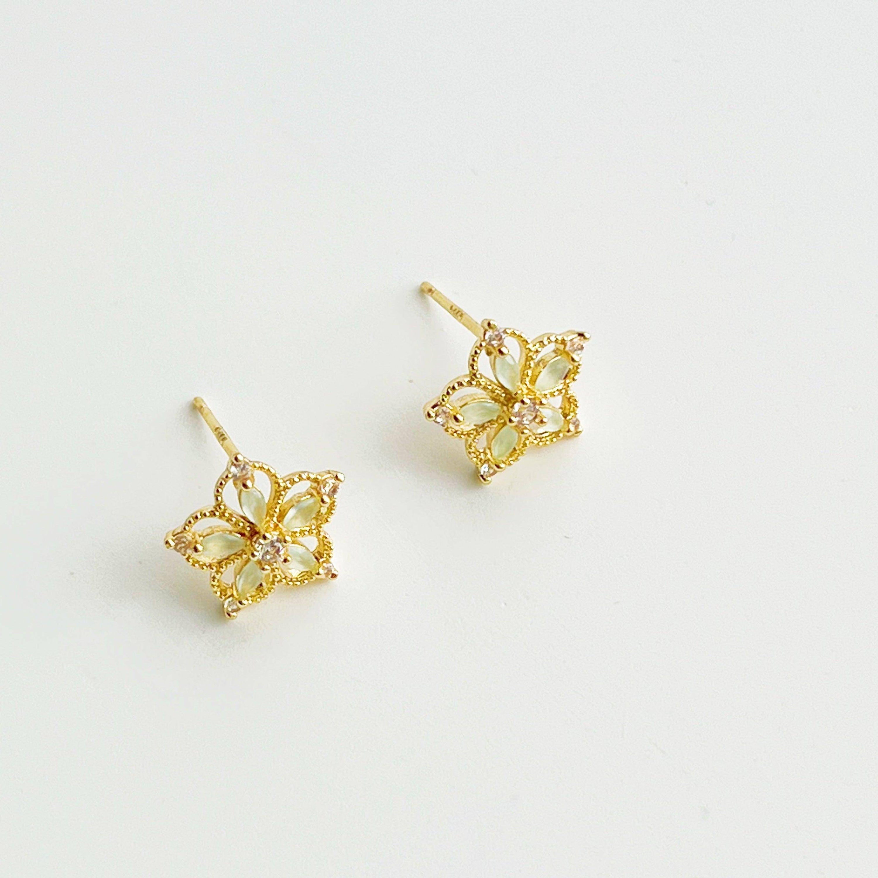 Pear Flower Stud Earrings - Sterling Silver Tiny Size Studs with Artificial Crystal<br>Symbolizing hope and friendship, these 10mm*10mm earrings come in a gift box. Choose standard or gift wrap postage. - Jewelry & Watches - Bijou Her -  -  - 