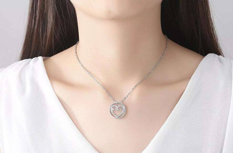 Heart Circle of Love Mom Necklace - Elegant Silver Pendant with CZ Stones and Gift Box Included - Jewelry & Watches - Bijou Her -  -  - 