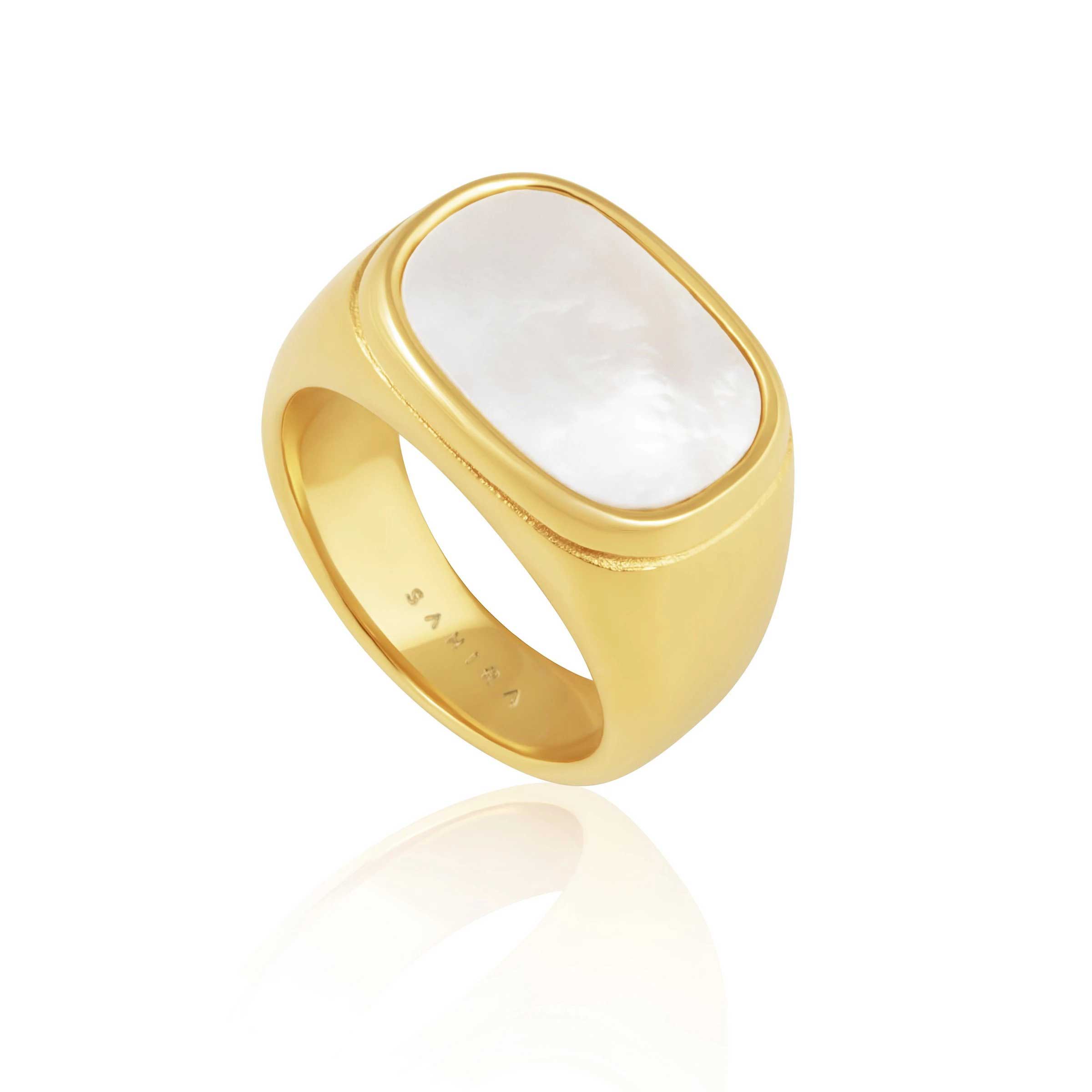 Hypoallergenic Mother of Pearl Signet Ring - 18k Gold Plated Stainless Steel, Tarnish Resistant, 11mm Width - Jewelry & Watches - Bijou Her -  -  - 