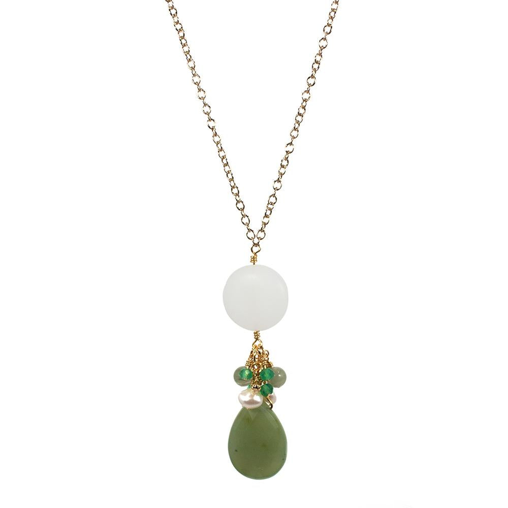 Jade and Sea Glass Drop Pendant Necklace - Earthy Green Teardrop with Beads and Pearls - Jewelry & Watches - Bijou Her -  -  - 