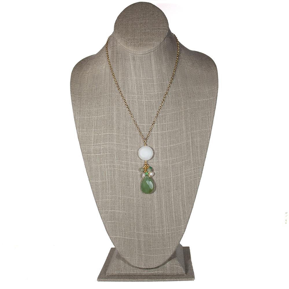 Jade and Sea Glass Drop Pendant Necklace - Earthy Green Teardrop with Beads and Pearls - Jewelry & Watches - Bijou Her -  -  - 