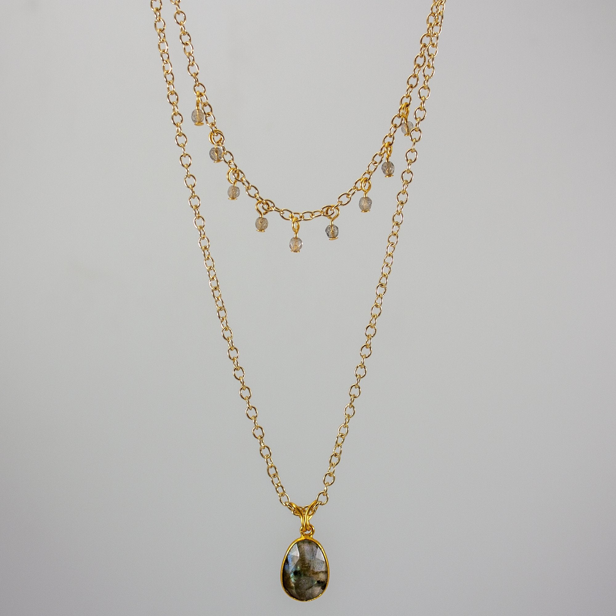 Labradorite Layered Pendant and Beads Necklace - Stunning 22" Gold Necklace with Unique Labradorescence - Jewelry & Watches - Bijou Her -  -  - 