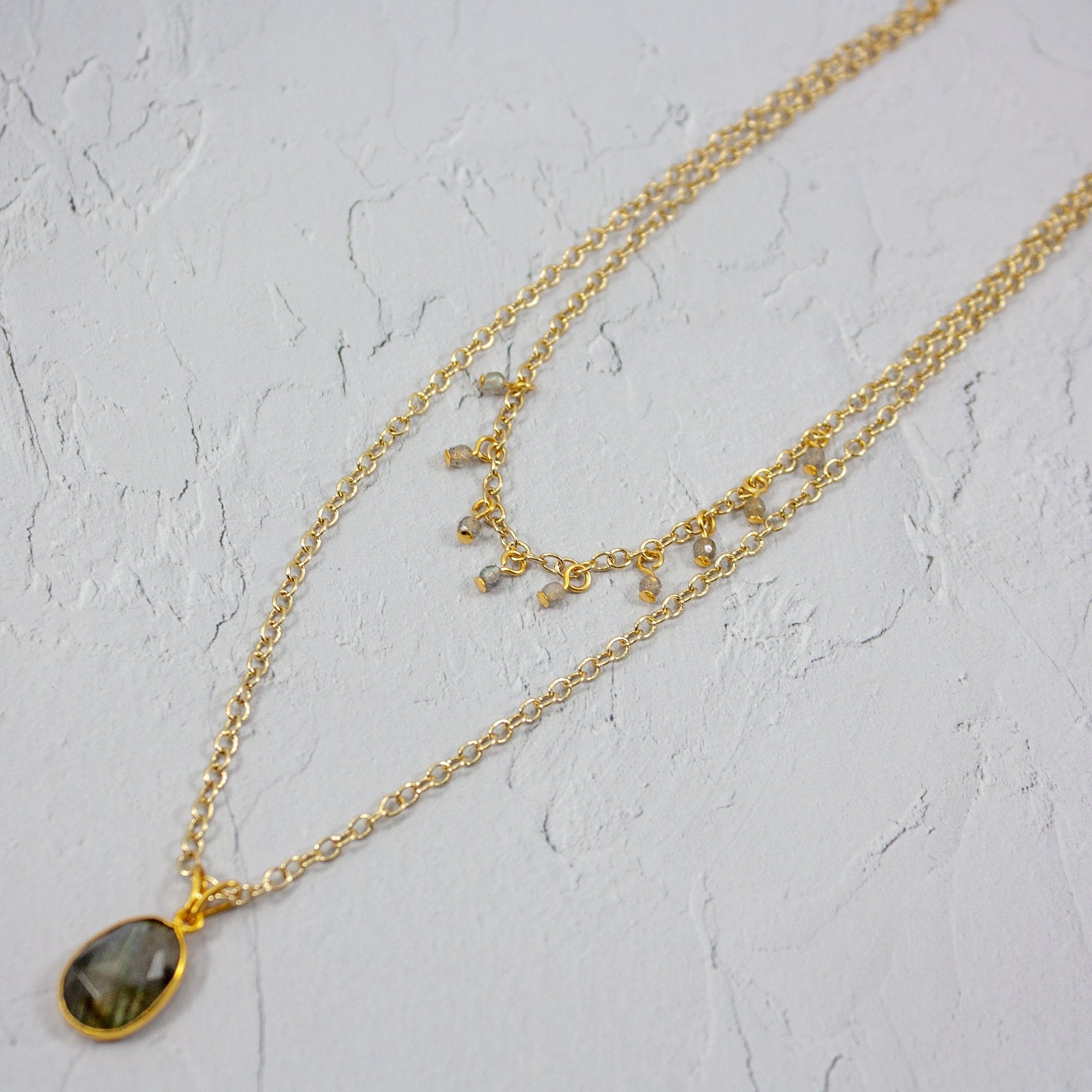 Labradorite Layered Pendant and Beads Necklace - Stunning 22" Gold Necklace with Unique Labradorescence - Jewelry & Watches - Bijou Her -  -  - 