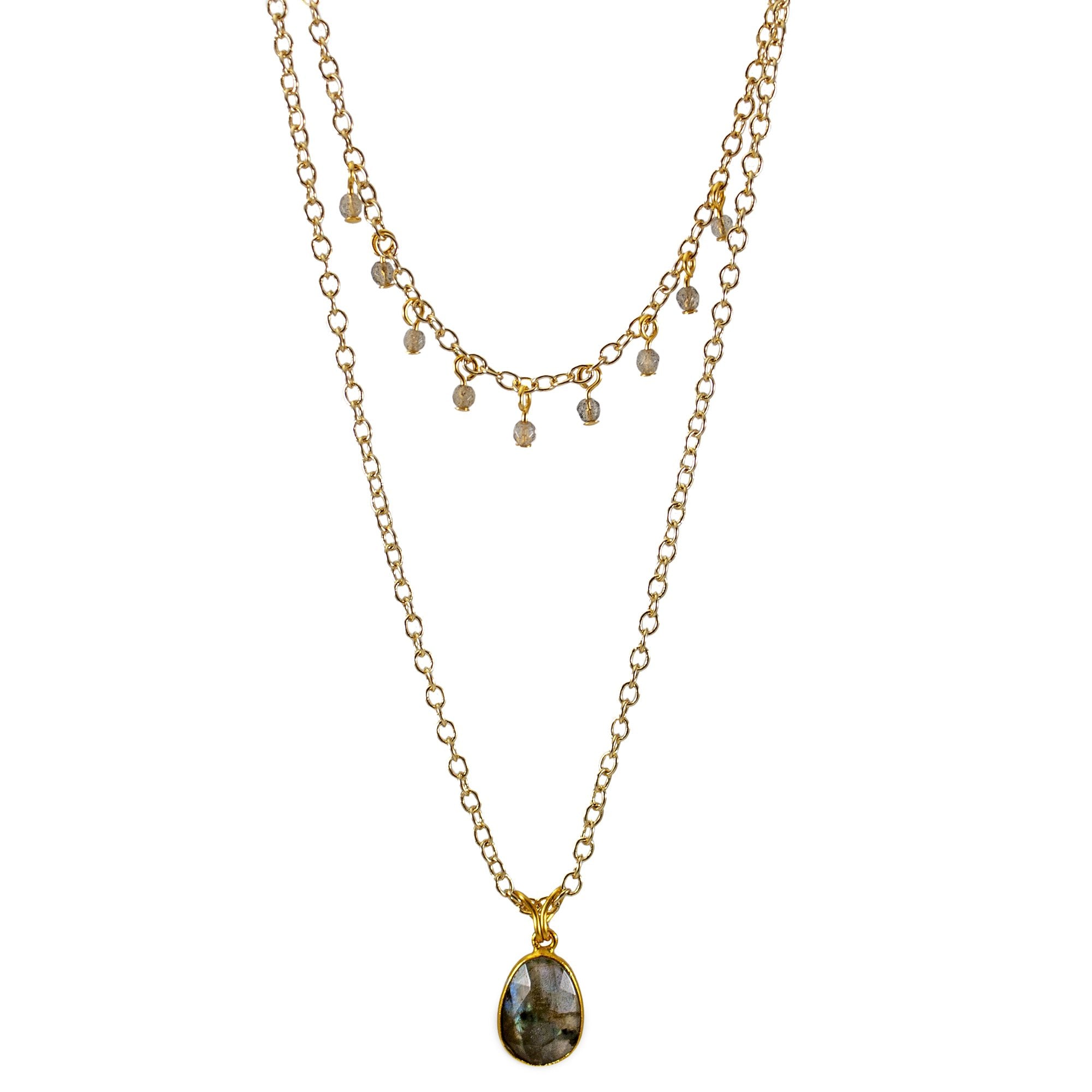 Labradorite Layered Pendant and Beads Necklace - Stunning 22" Gold Necklace with Unique Labradorescence - Jewelry & Watches - Bijou Her -  -  - 