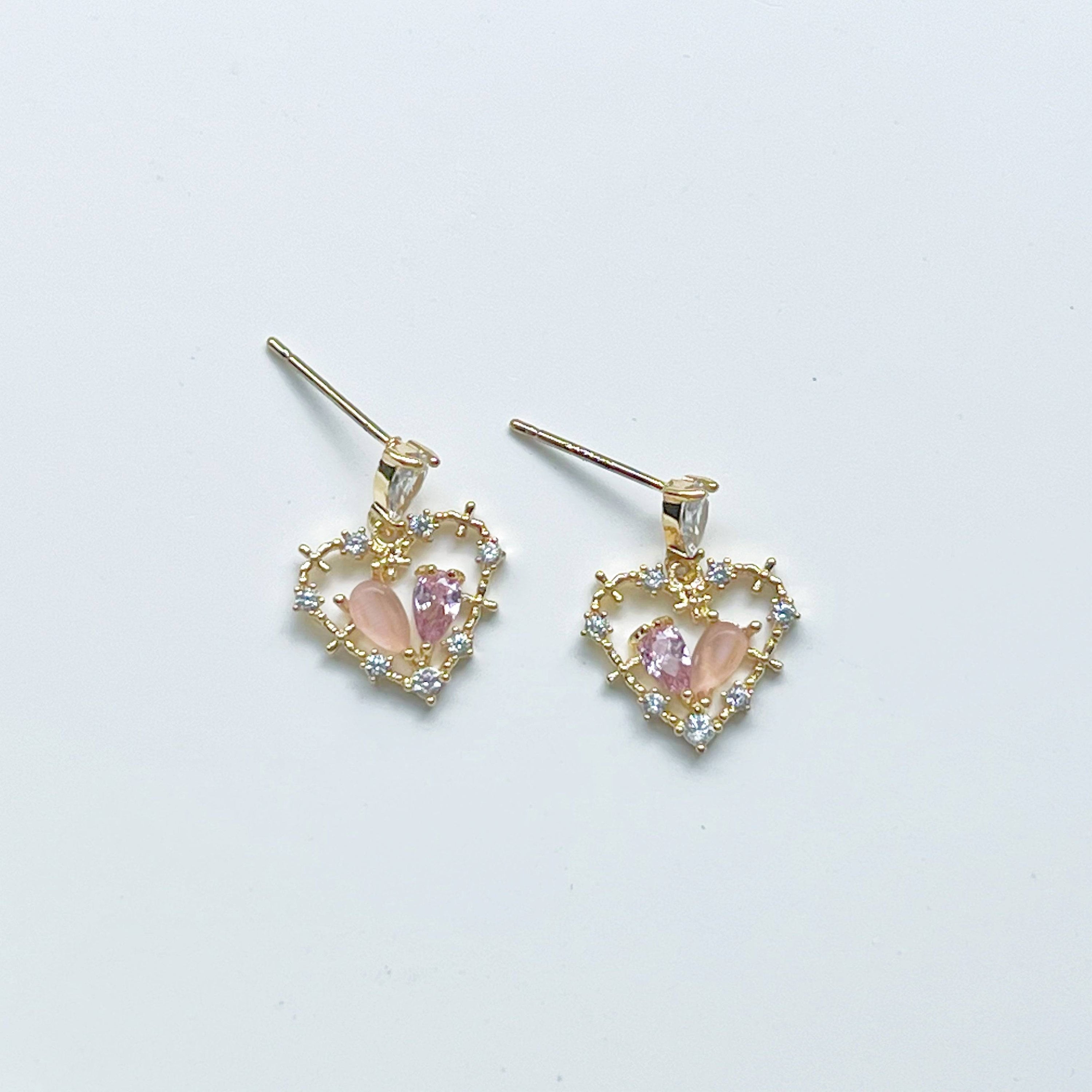 Pink Crystal Heart Earrings - Gold Heart Shape Sterling Silver Studs - Jewelry & Watches - Bijou Her -  -  - 