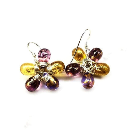 Handmade Purple and Yellow Flower Sterling Silver Earrings - Czech Glass Bead Drops - 1 1/4 inch Length - Earrings - Bijou Her - Title -  - 