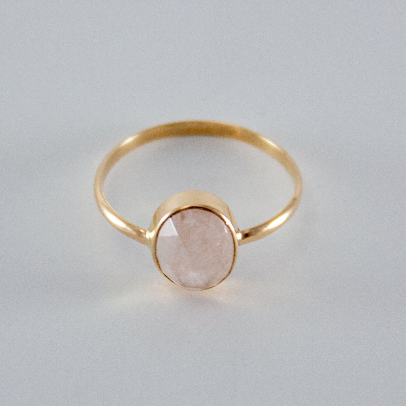 Rose Quartz Gold Filled Ring with Open Bezel Setting - Pink Oval Cabochon Cut Gemstone, 14k Gold Band, AAA Grade Quality - Jewelry & Watches - Bijou Her -  -  - 