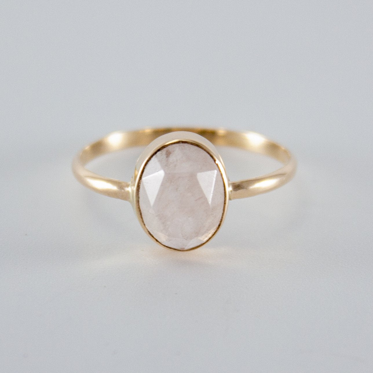 Rose Quartz Gold Filled Ring with Open Bezel Setting - Pink Oval Cabochon Cut Gemstone, 14k Gold Band, AAA Grade Quality - Jewelry & Watches - Bijou Her -  -  - 