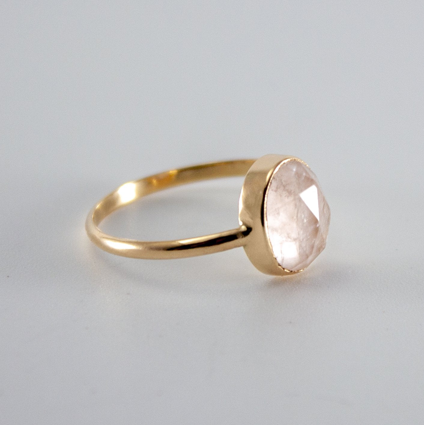 Rose Quartz Gold Filled Ring with Open Bezel Setting - Pink Oval Cabochon Cut Gemstone, 14k Gold Band, AAA Grade Quality - Jewelry & Watches - Bijou Her -  -  - 