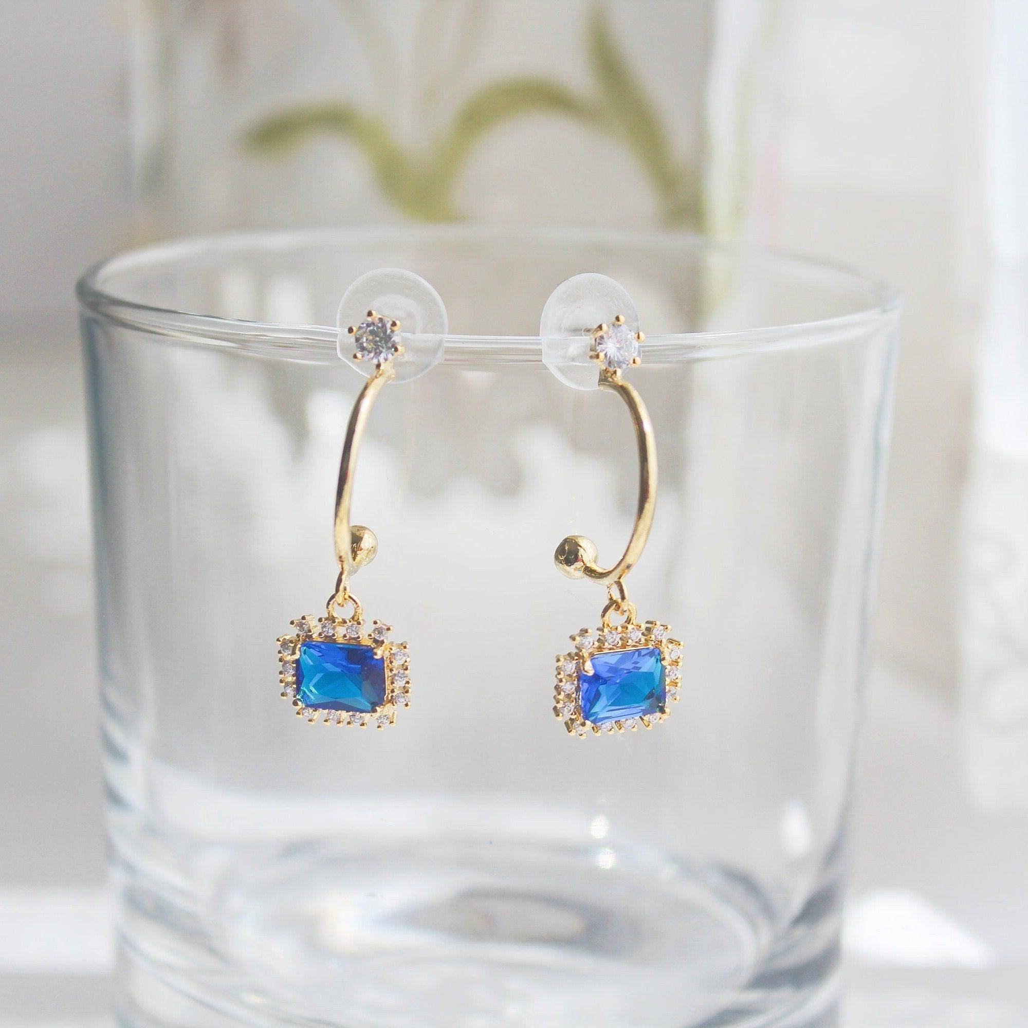 Royal Blue Crystal Earrings - Square Crystal Half Hoop Earrings - Jewelry & Watches - Bijou Her -  -  - 