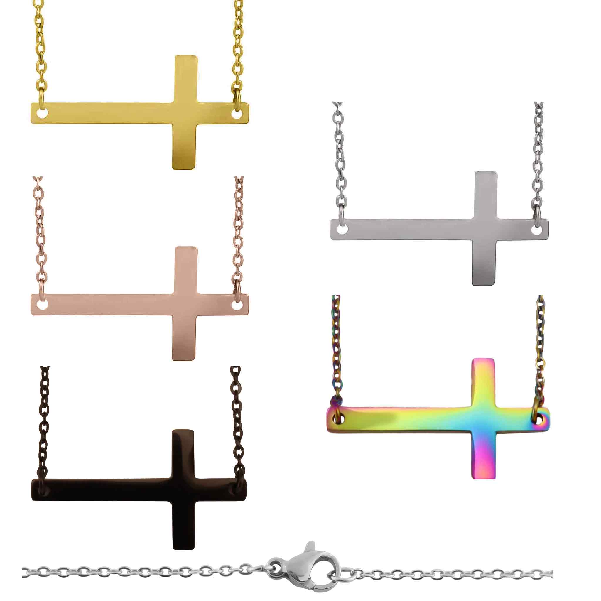 Stainless Steel Horizontal Cross Pendant Necklace - 18K PVD Coated, Engravable, Hypoallergenic, Durable - Jewelry & Watches - Bijou Her -  -  - 