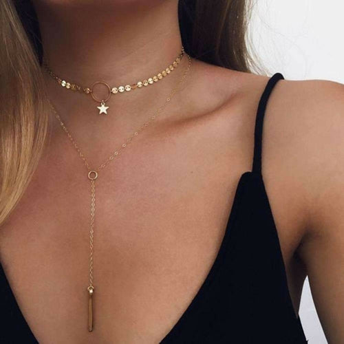 Star Choker Lariat Necklace - Two Layer Adjustable Zinc Alloy Jewelry - Necklaces - Bijou Her - Color -  - 