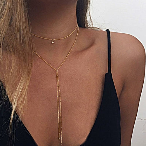 Lariat Choker Necklace - 13" + 2.75" Extender - 7" Pendant - Zinc Alloy - Necklaces - Bijou Her - Color -  - 