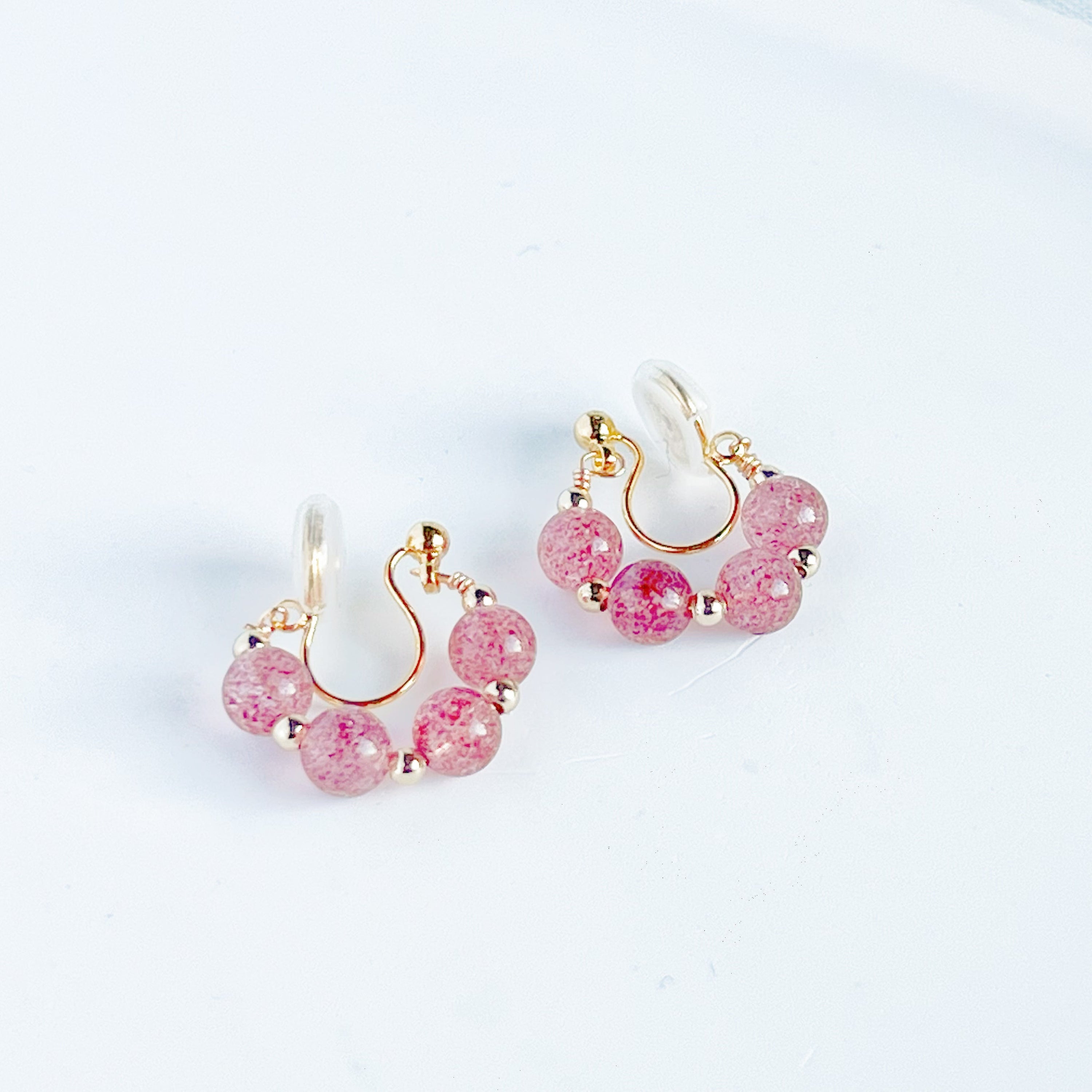 Strawberry Quartz Beads Hoop Earrings - Handmade Natural Stone Jewelry Gift Box Included - Jewelry & Watches - Bijou Her -  -  - 