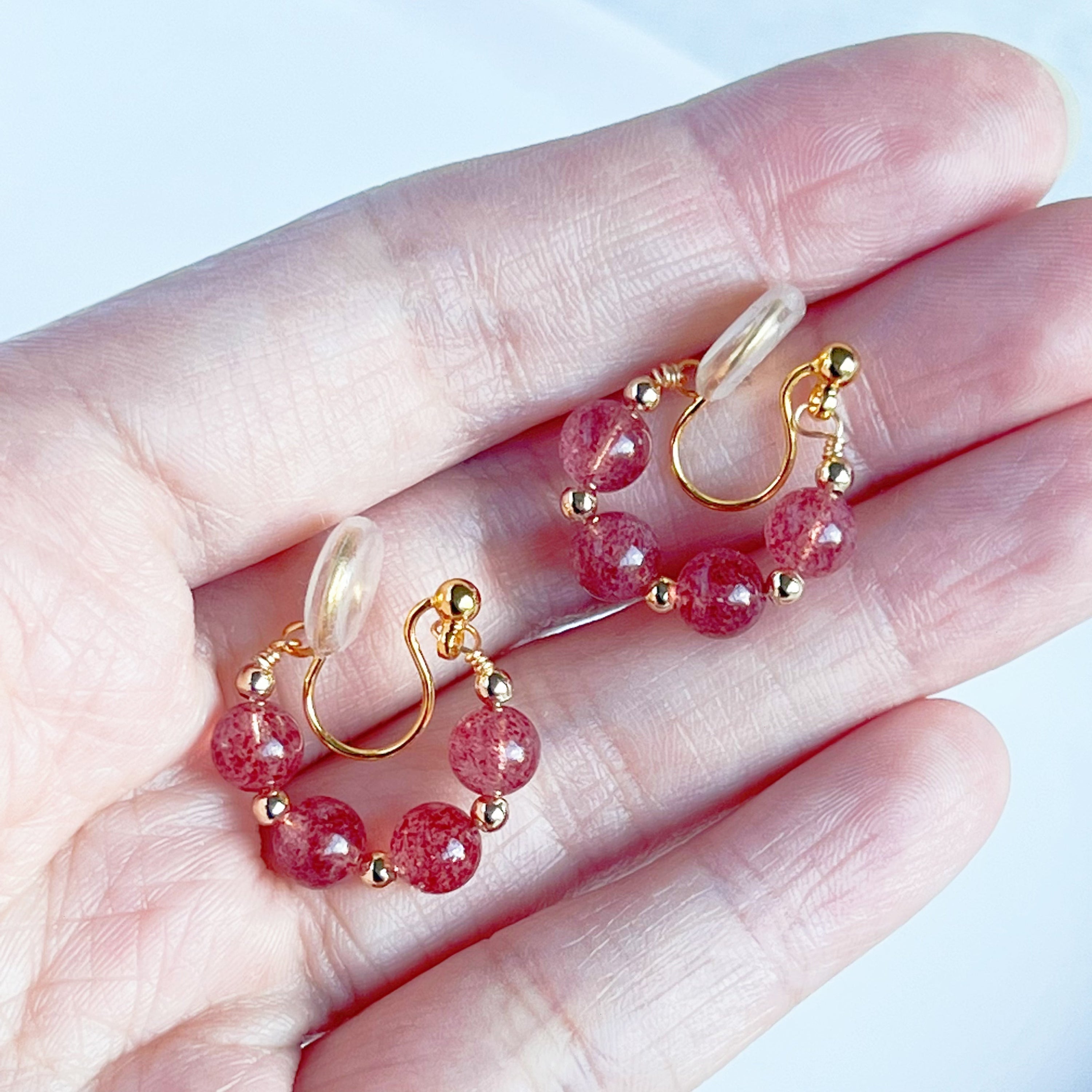 Strawberry Quartz Beads Hoop Earrings - Handmade Natural Stone Jewelry Gift Box Included - Jewelry & Watches - Bijou Her -  -  - 