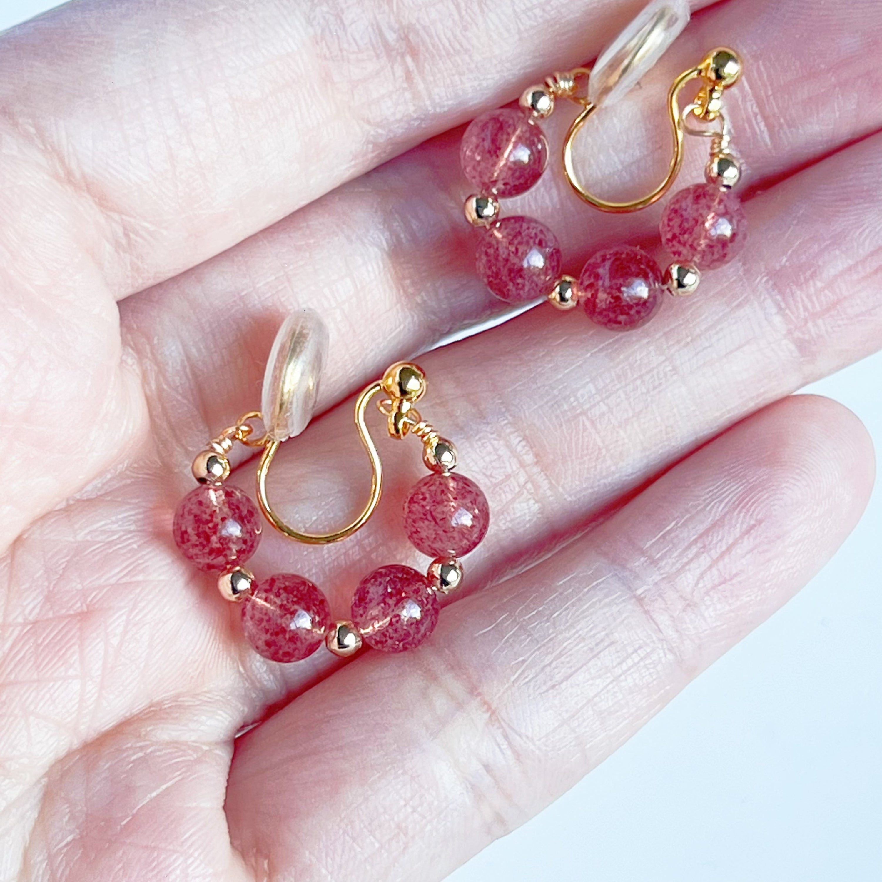 Strawberry Quartz Beads Hoop Earrings - Handmade Natural Stone Jewelry Gift Box Included - Jewelry & Watches - Bijou Her -  -  - 