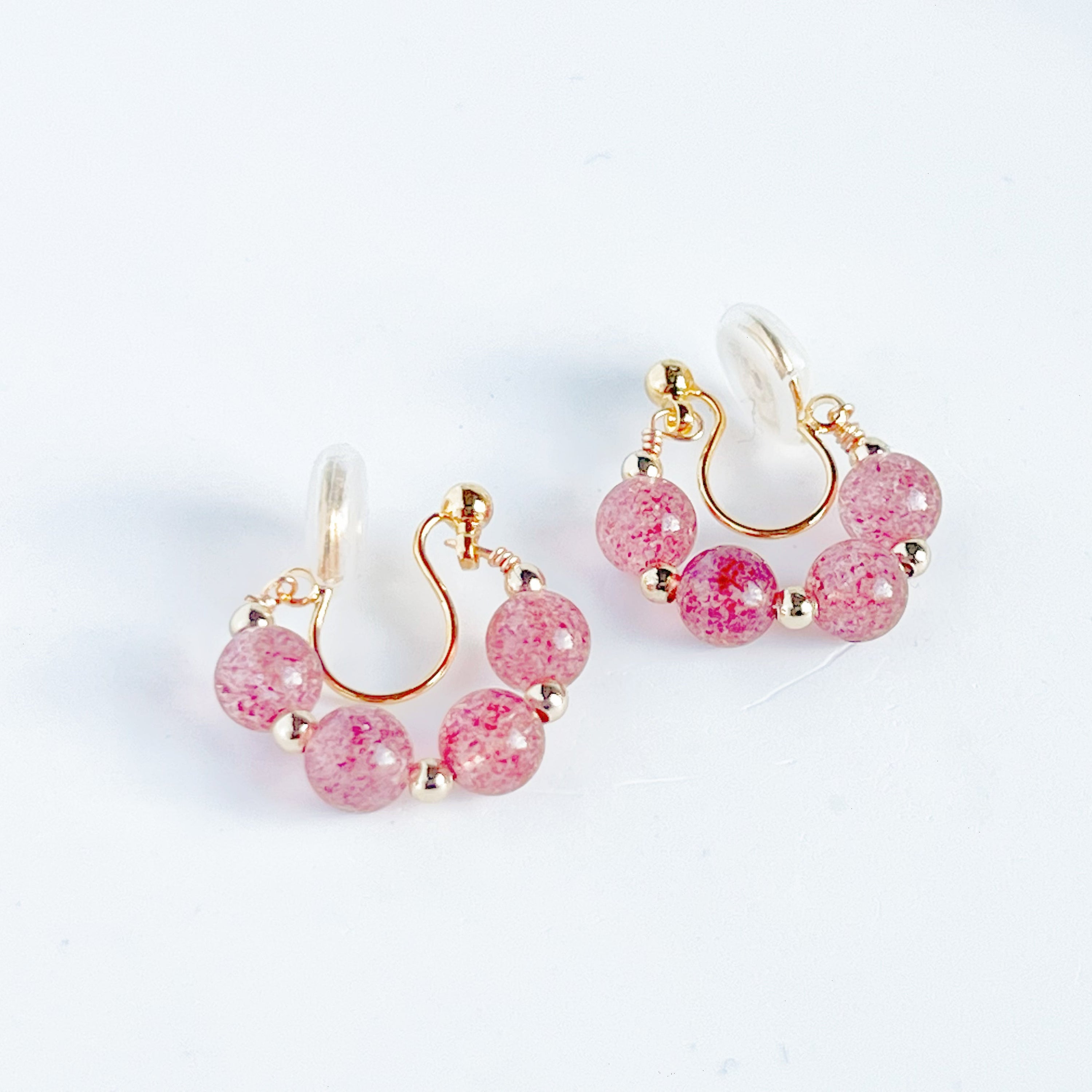 Strawberry Quartz Beads Hoop Earrings - Handmade Natural Stone Jewelry Gift Box Included - Jewelry & Watches - Bijou Her -  -  - 