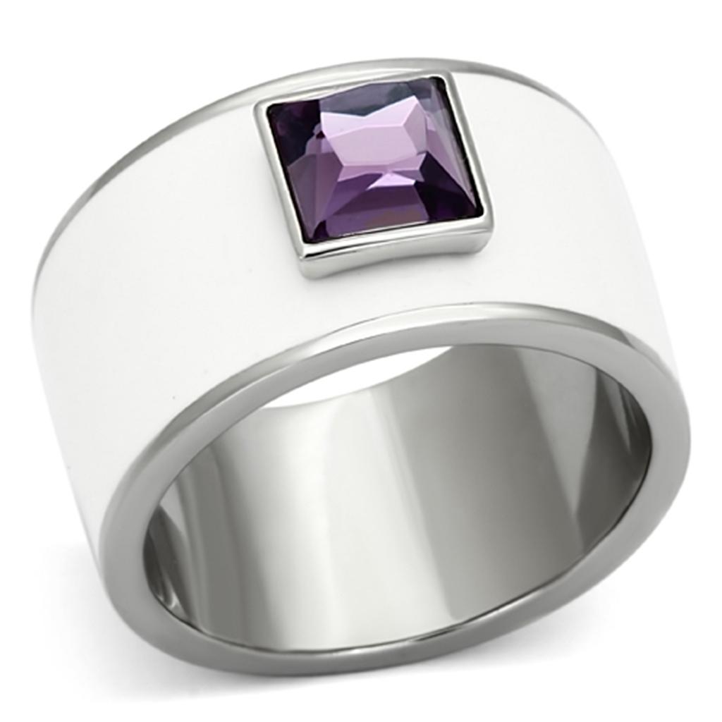 High Polished Stainless Steel Ring with Synthetic Amethyst Center Stone - In Stock, Ships in 1 Day - Jewelry & Watches - Bijou Her -  -  - 